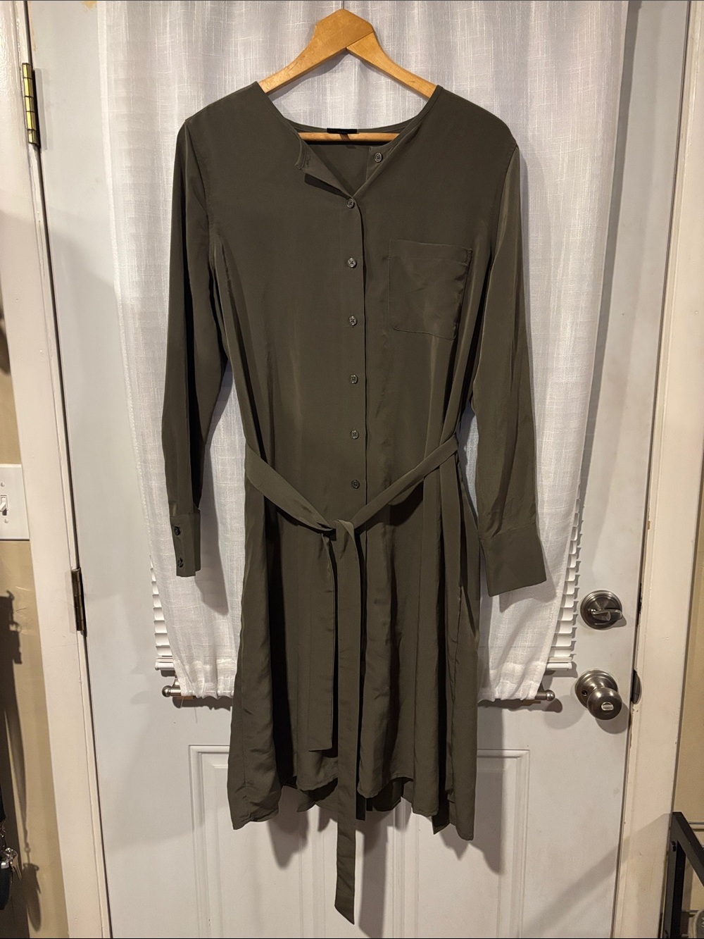 Who What Wear Olive Green Long-Sleeve Shirt Dress with Waist Tie